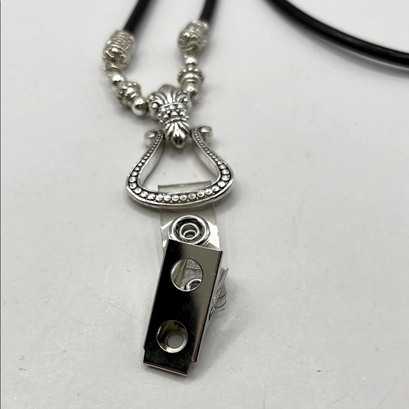 ID Badge Silver Tone and Black Cord Necklace with Ornate Metalwork - Picture 3 of 11